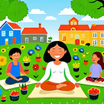 **

A vibrant and colorful illustration depicting a diverse group of people participating in various activities that contribute to well-being: gardening (growing organic food), meditating in nature, children learning in an inclusive classroom, artists creating murals in a city, and people using renewable energy technologies. In the background, subtle indicators representing the dimensions of Gross National Happiness (GNH) – psychological well-being, health, education, environment, community vitality, culture, good governance, and living standards – are integrated into the landscape. The overall style is optimistic and promotes the idea of a society that prioritizes well-being over purely economic growth.

**
