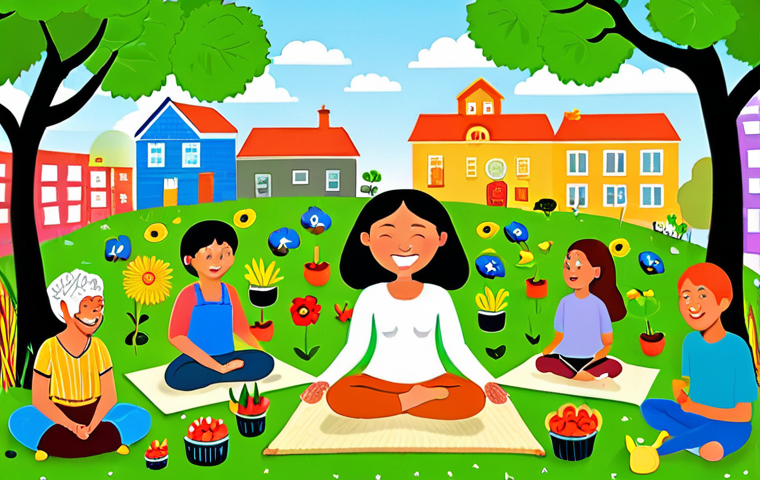 **

A vibrant and colorful illustration depicting a diverse group of people participating in various activities that contribute to well-being: gardening (growing organic food), meditating in nature, children learning in an inclusive classroom, artists creating murals in a city, and people using renewable energy technologies. In the background, subtle indicators representing the dimensions of Gross National Happiness (GNH) – psychological well-being, health, education, environment, community vitality, culture, good governance, and living standards – are integrated into the landscape. The overall style is optimistic and promotes the idea of a society that prioritizes well-being over purely economic growth.

**