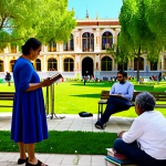 A vibrant community gathering in a sunny park in a Spanish city, diverse individuals of all ages fully clothed in modest, everyday attire, engaging in shared activities like reading in a community library, tending to a small urban garden, and enjoying cultural storytelling. The background features sustainable architecture and lush green spaces, emphasizing ecological resilience and community vitality. The atmosphere is joyful and harmonious, reflecting integral prosperity and balanced living. Perfect anatomy, correct proportions, natural pose, well-formed hands, proper finger count. Professional photography, high quality, safe for work, appropriate content, family-friendly.