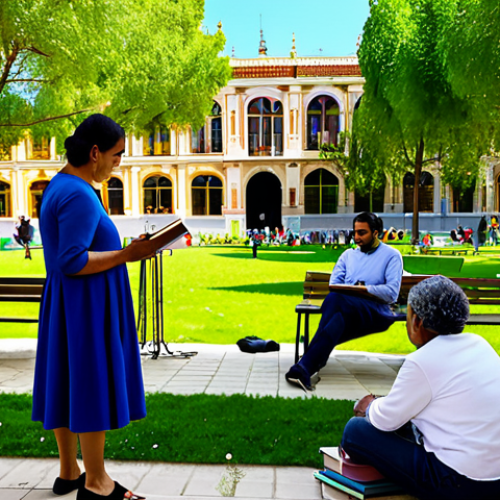 A vibrant community gathering in a sunny park in a Spanish city, diverse individuals of all ages fully clothed in modest, everyday attire, engaging in shared activities like reading in a community library, tending to a small urban garden, and enjoying cultural storytelling. The background features sustainable architecture and lush green spaces, emphasizing ecological resilience and community vitality. The atmosphere is joyful and harmonious, reflecting integral prosperity and balanced living. Perfect anatomy, correct proportions, natural pose, well-formed hands, proper finger count. Professional photography, high quality, safe for work, appropriate content, family-friendly.