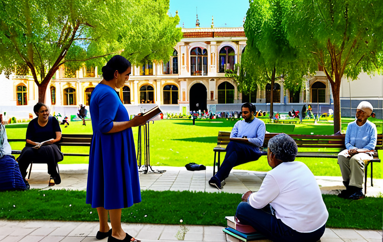 A vibrant community gathering in a sunny park in a Spanish city, diverse individuals of all ages fully clothed in modest, everyday attire, engaging in shared activities like reading in a community library, tending to a small urban garden, and enjoying cultural storytelling. The background features sustainable architecture and lush green spaces, emphasizing ecological resilience and community vitality. The atmosphere is joyful and harmonious, reflecting integral prosperity and balanced living. Perfect anatomy, correct proportions, natural pose, well-formed hands, proper finger count. Professional photography, high quality, safe for work, appropriate content, family-friendly.