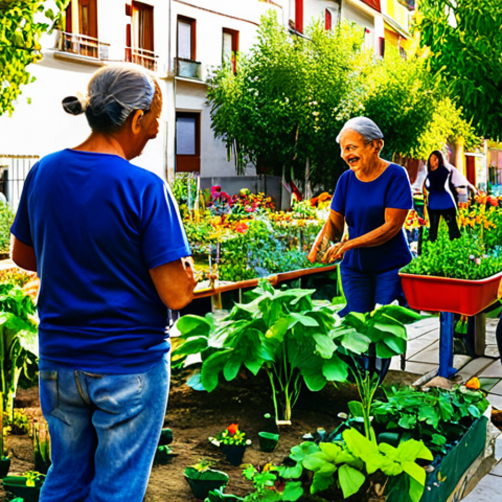 Community Wellbeing**
"A vibrant scene in Lavapiés, Madrid, showing neighbors collaborating on a community garden. People of all ages are smiling and working together. Lush greenery and colorful flowers fill the space. Sunlight dappled through the trees. Fully clothed, appropriate content, safe for work, perfect anatomy, natural proportions, family-friendly, professional photography, high quality."
**