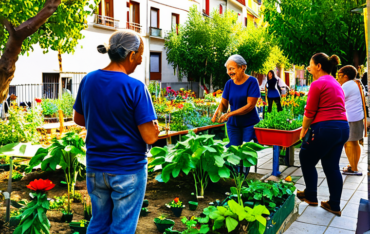 Community Wellbeing**
"A vibrant scene in Lavapiés, Madrid, showing neighbors collaborating on a community garden. People of all ages are smiling and working together. Lush greenery and colorful flowers fill the space. Sunlight dappled through the trees. Fully clothed, appropriate content, safe for work, perfect anatomy, natural proportions, family-friendly, professional photography, high quality."
**