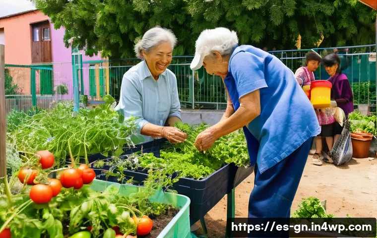 GNH 행복경제와 지역 사회복지 - **Prompt: A vibrant, sunny community garden in a Spanish-speaking neighborhood, perhaps reminiscent ...