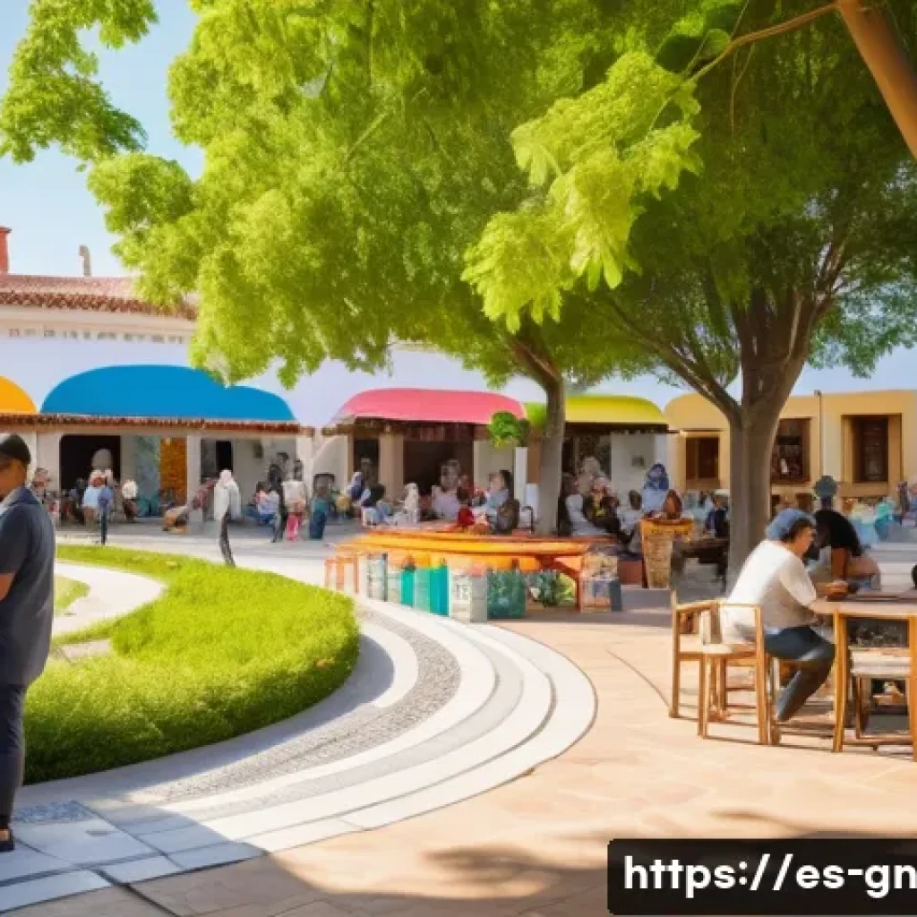 GNH 행복경제의 이론적 기초 - A vibrant community park scene in a Spanish town, showing diverse groups of people engaging in socia...
