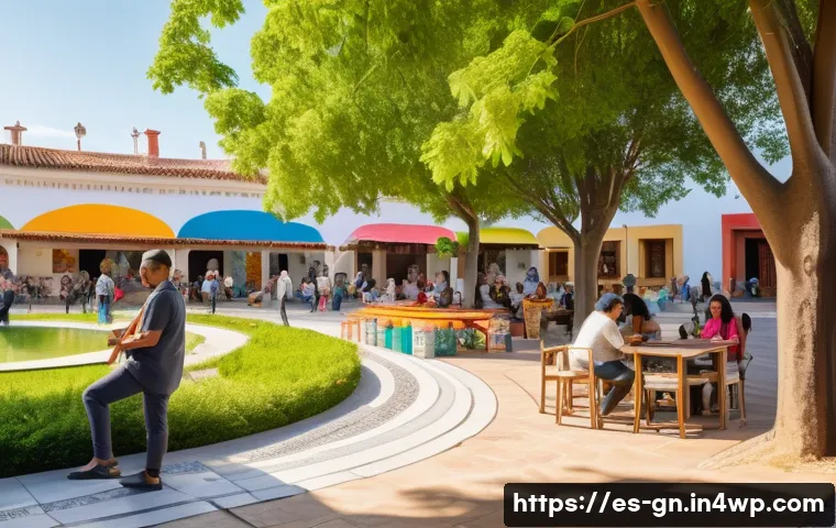 GNH 행복경제의 이론적 기초 - A vibrant community park scene in a Spanish town, showing diverse groups of people engaging in socia...