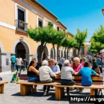 Home 20 GNH 행복경제의 데이터 활용 - A vibrant urban community gathering in a Spanish town square during a sunny afternoon, featuring div...