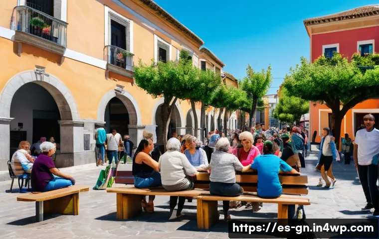 GNH 행복경제의 데이터 활용 - A vibrant urban community gathering in a Spanish town square during a sunny afternoon, featuring div...