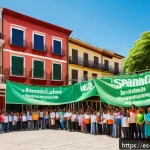 Home 23 GNH 행복경제와 기업의 사회적 책임 - A vibrant community gathering in a Latin American town square, featuring diverse local residents eng...