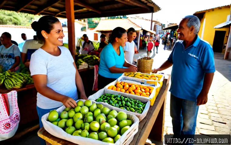 GNH 행복경제의 실제 적용 사례 - Photorealistic community cooperative market in a sunny Spanish-speaking Latin American town, diverse...