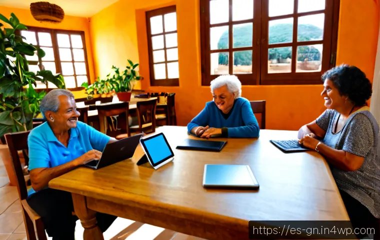 GNH 행복경제와 기술의 역할 - Photorealistic wide-angle scene in a welcoming Spanish community center, diverse adults and seniors ...