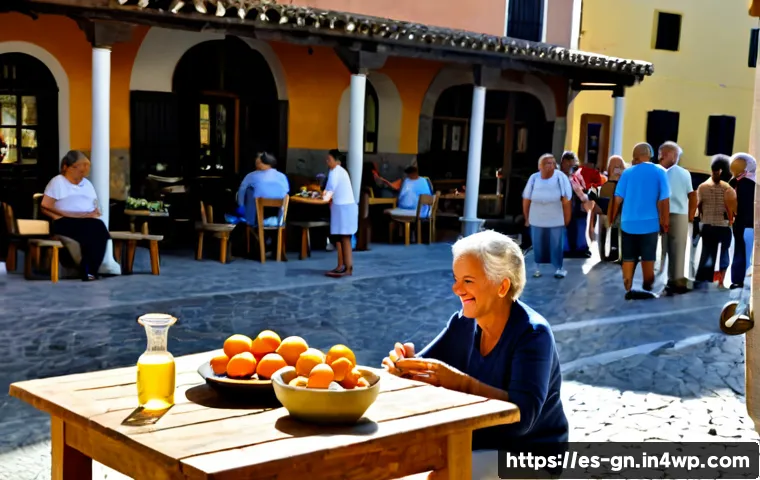GNH 행복경제의 다양한 사례들 - Photorealistic sunny Spanish town plaza illustrating community wellbeing economy, diverse families a...